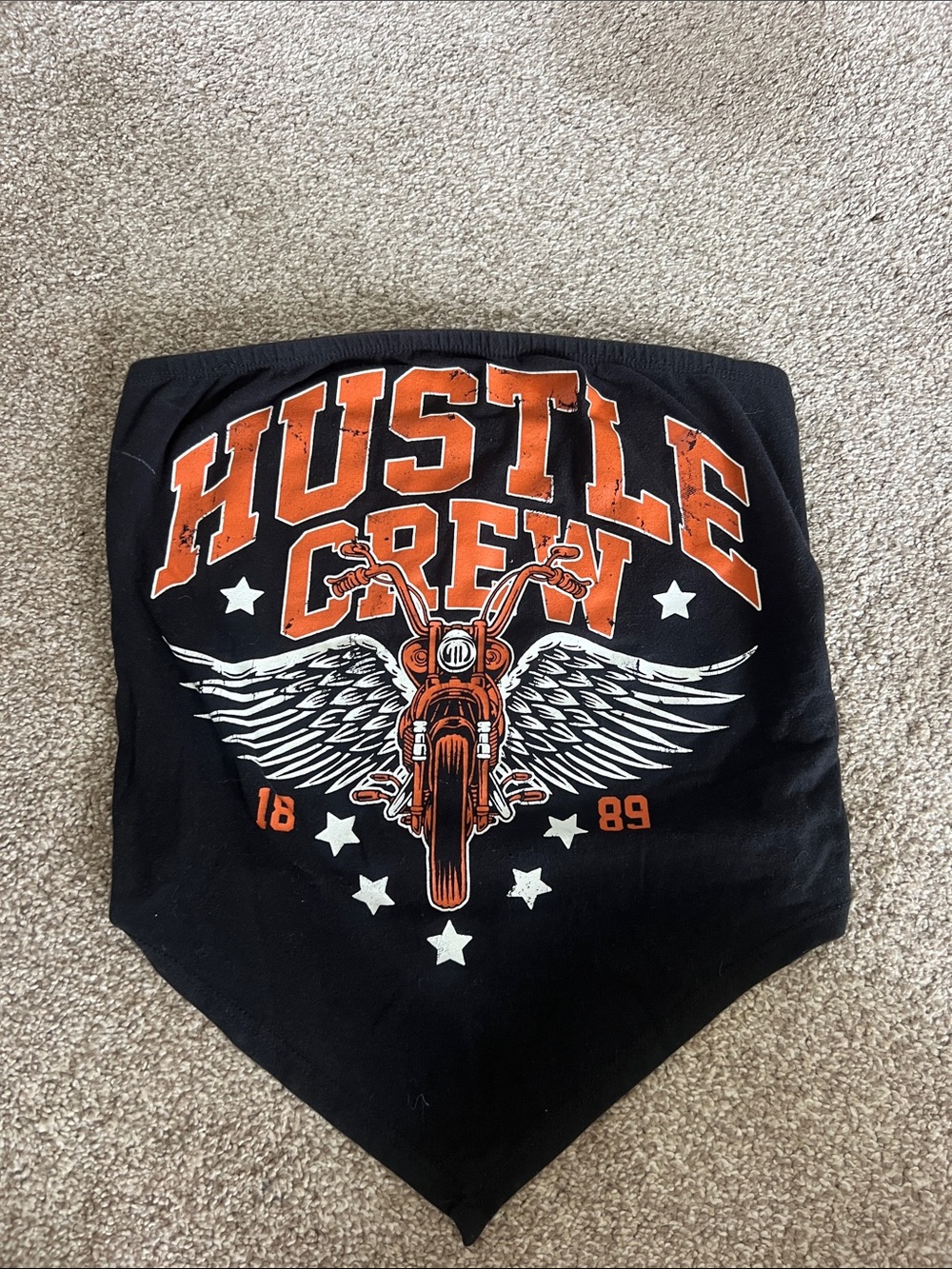 Windsor Black Strapless Crop Top with Orange & White Motorcycle Graphic